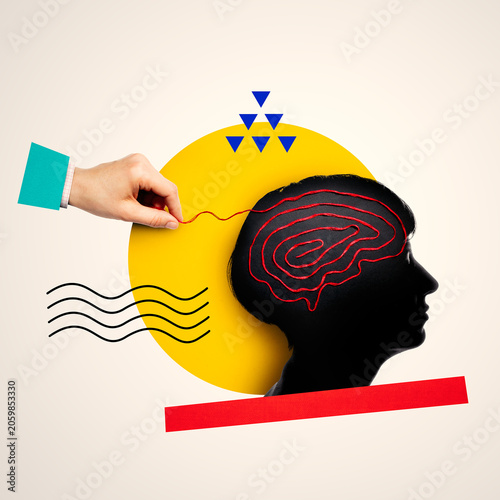 Creative collage with human profile and red thread maze symbolizing psychology, mental health, emotional complexity, problem solving, therapy and self-discovery.