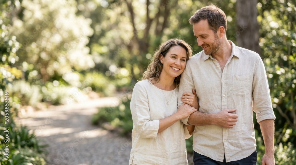 Fototapeta premium A mature couple walking down a beautiful park path with linked arms, demonstrating mutual support, lifelong trust, deep respect, and genuine happiness.