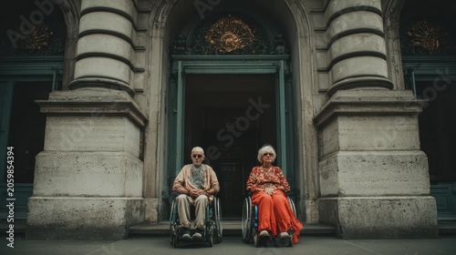 Elderly couple sits in wheelchairs before an ornate building entrance, portraying a moment of shared rest and contemplation on a quiet day