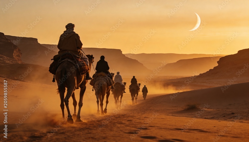 Fototapeta premium Moving camels with riders wearing robes and turbans crossing sandy canyon with saddles and tracks