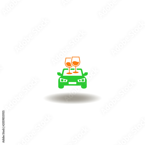 Vector illustration of car and glasses of wine. Icon of drinking and driving. Symbol of dui law. Sign of drunk driver.
