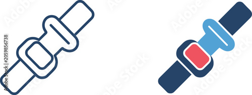 Seatbelt icons in outline and filled color styles on white background Keywords: seatbelt, safety, buckle, strap, car, vehicle