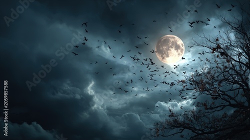 full moon with bats flying across the night sky, dark and eerie atmosphere