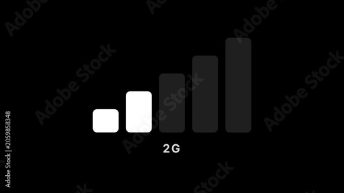 Mobile network signal strength bars icon from 5G to no signal animation on black background
