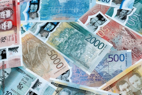 Quadro su tela Jamaican dollar money banknotes pile on table