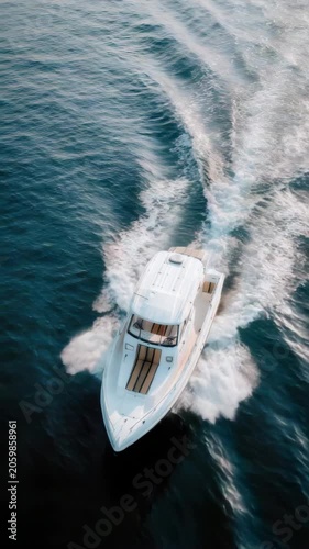 Boat moving through clear water during a sunny day on the lake with waves behind it and the sun shining bright in the sky