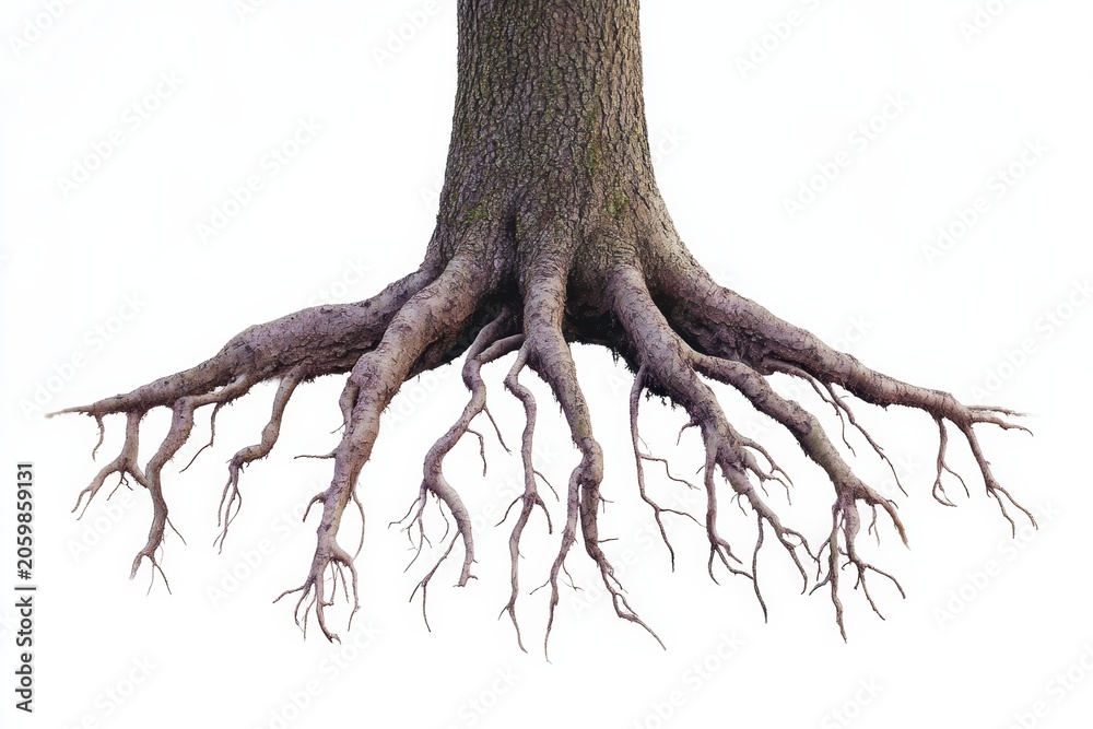 Fototapeta premium Tree roots extend from the base into the ground showcasing their structure and form