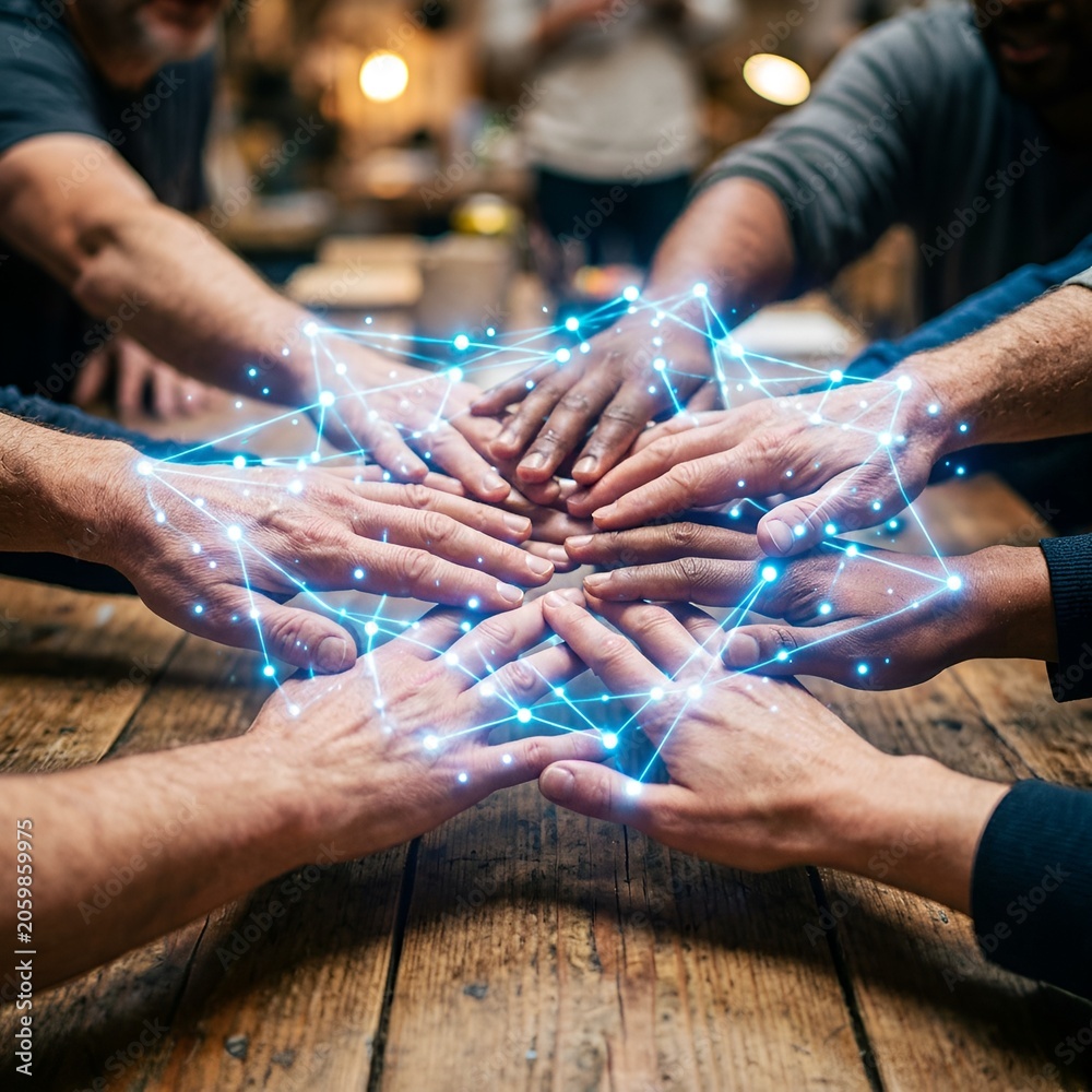 Obraz premium Diverse team hands united with glowing network connection overlay, teamwork concept