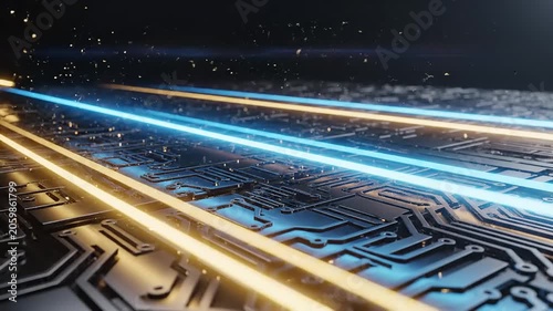 Glowing blue and gold neon lights streak across a dark circuit board background