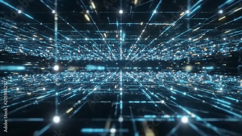 Futuristic cityscape with neon lights and technology infrastructure expanding rapidly outward