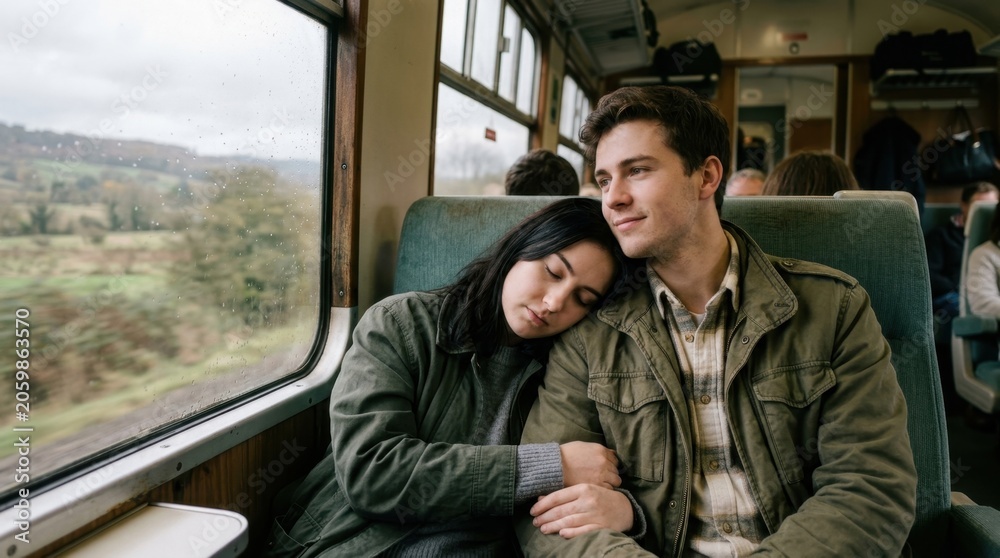 Fototapeta premium One person peacefully asleep while resting their head on a companion's shoulder during a train ride, representing total emotional reliance, safety, and mutual comfort.