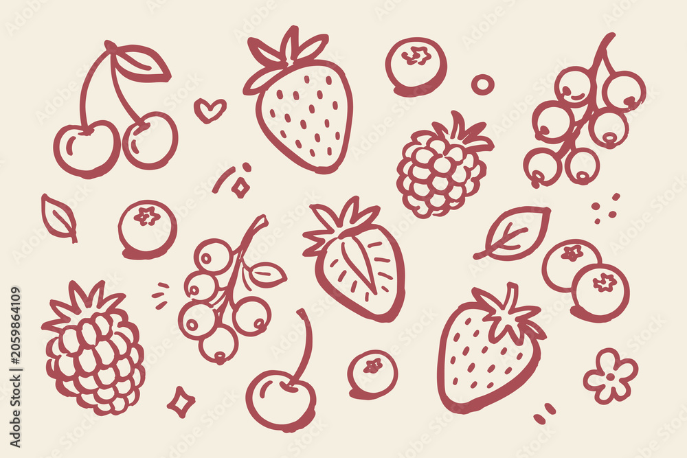Obraz premium Berry Fruit Set Naive Doodle Vector Illustration