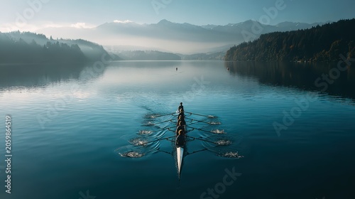 Rowers move swiftly across a calm lake in the early morning sun near mountains in the background as mist rises off the water
