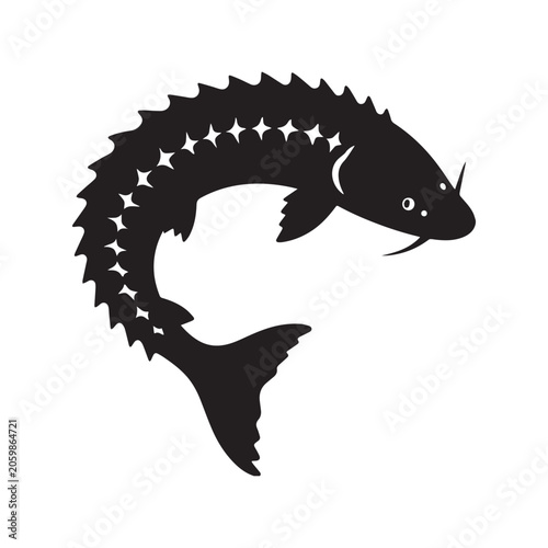Sturgeon Fish Silhouette Vector Illustration Jumping Isolated On A White Background.