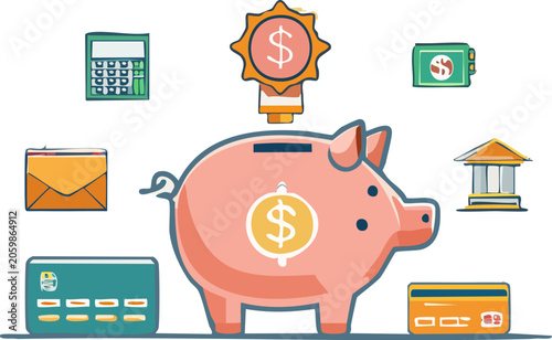 Piggy bank with money and finance icons.