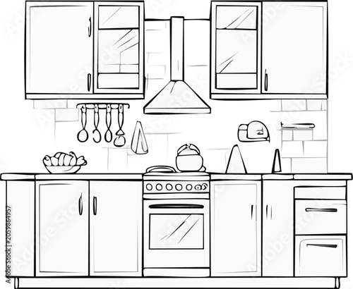 A line drawing of a kitchen interior.