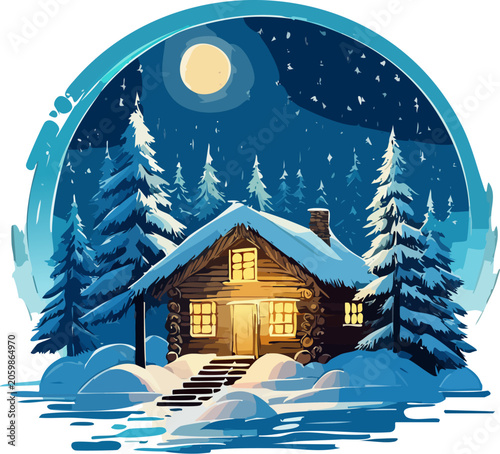 Cozy cabin in snowy forest at night.