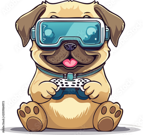 A cartoon pug dog wearing VR goggles.
