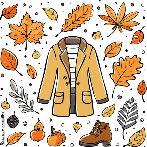 Autumn fashion illustration with leaves and coat.