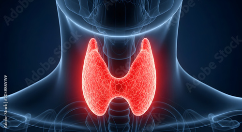 Medical illustration of the human thyroid gland highlighted in red within the neck anatomy.