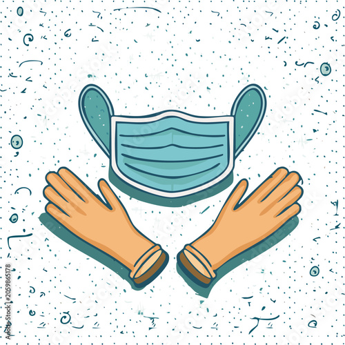 Protective face mask and gloves illustration.