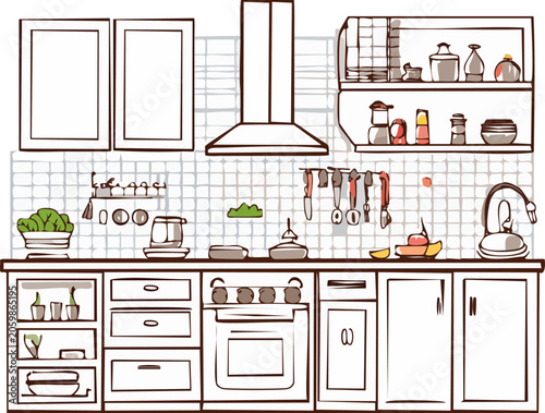 A kitchen with various appliances and utensils.