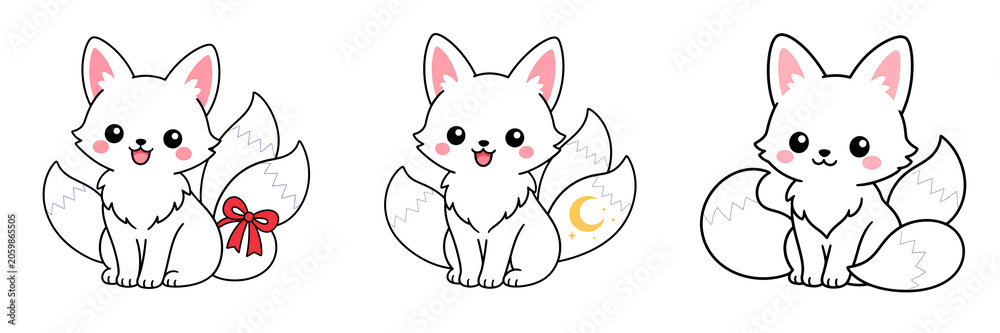 Fototapeta premium Kawaii Kitsune White fox cute animal cartoon sitting fluffy tail pink ear happy kawaii red bow moon playful cheerful