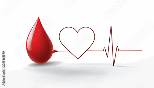 3D Blood Drop And ECG Pulse Heart Symbol For Healthcare And Blood Donation Awareness