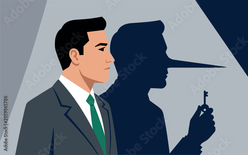 Businessman in Suit with Pinocchio Shadow Holding a Key Concept Vector for Corporate Lies Fraudulent Secrets Deception and Hidden Motives Designs