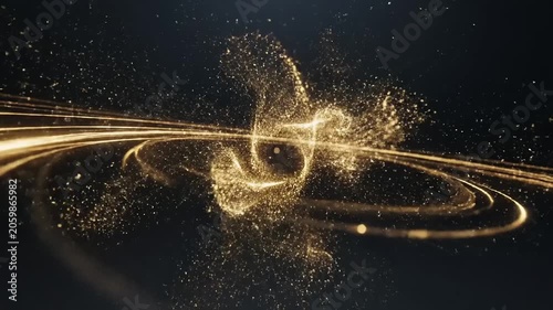 A mesmerizing swirl of golden particles and light trails dance across a dark space.