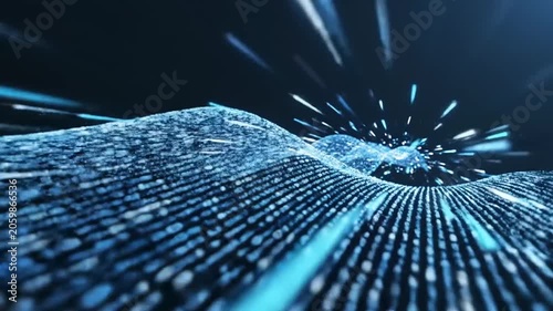Digital data wave flows through a futuristic cyber landscape rapidly