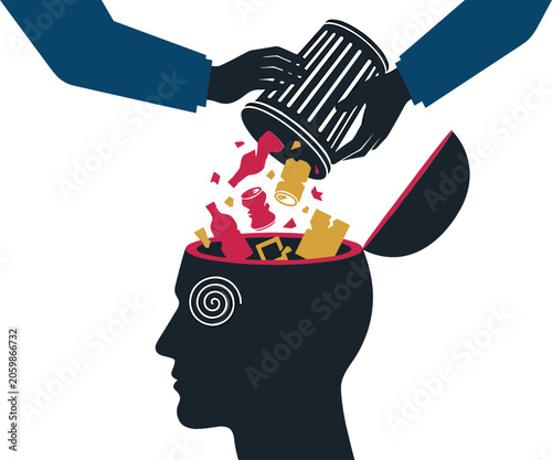 Hands Emptying Trash Bin Into Open Human Head Concept Vector for Negative Information Brainwashing Toxic Media Influence Mental Pollution and Propaganda Designs