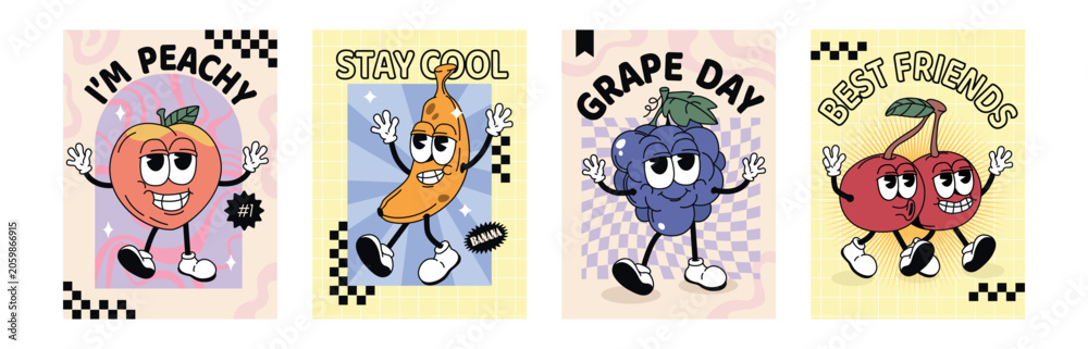 Fototapeta premium Groovy retro posters with summer fruit characters in trendy style. Cartoon cute stickers, funky comic doodle grape, peach, cherry, banana with expressive faces and slogans. Collection of healthy food