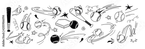 Obraz na płótnie Vector doodle baseball or softball trajectory bounce with motion line effects