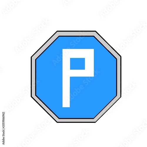 Blue octagon parking sign icon with letter P isolated on white background. Minimalist traffic and transportation symbol vector illustration.