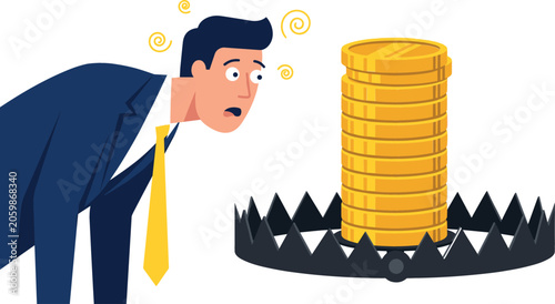 Shocked Businessman Looking at Stack of Gold Coins Placed Inside Bear Trap Concept Vector for Business Risk Financial Mistakes and Deceptive Investment Traps