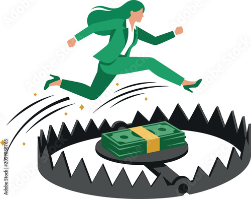 Businesswoman Jumping Safely Over Bear Trap with Stack of Cash Concept Vector for Overcoming Financial Risk Avoiding Pitfalls and Smart Business Strategy Designs