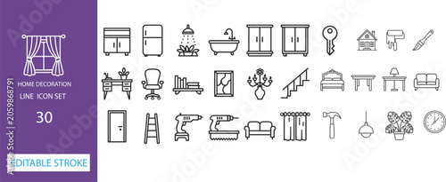 Home decoration line icon set, furniture and interior design elements, vector illustration