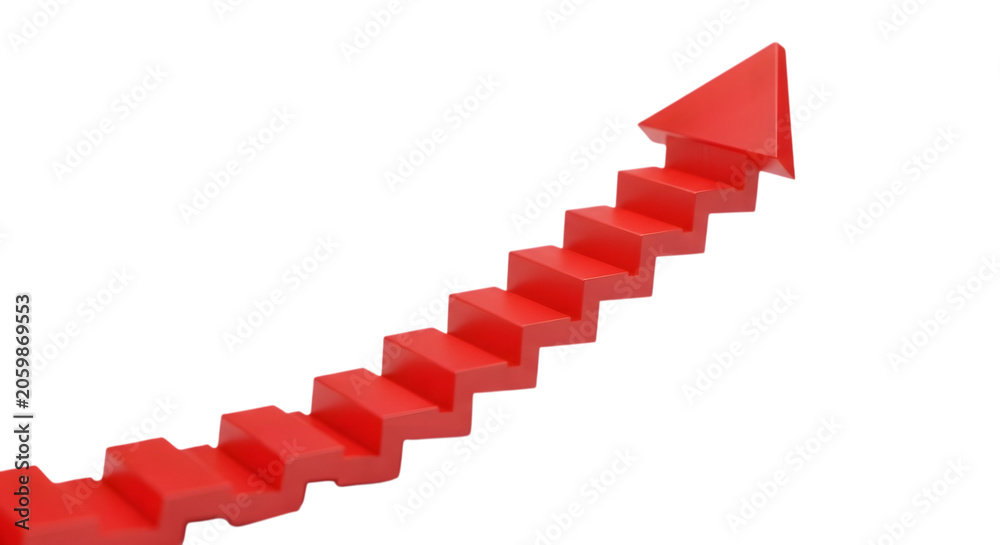 Fototapeta premium Red arrow shaped staircase rising diagonally against black background stairs