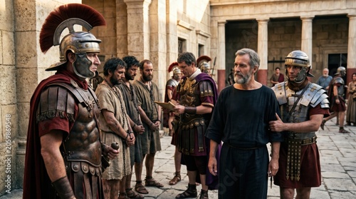 Roman soldier guarding Apostle Paul in Rome. Biblical scene from Acts 28. Man wearing armor escorting prisoner through ancient city architecture. Historical drama reenactment of antiquity.