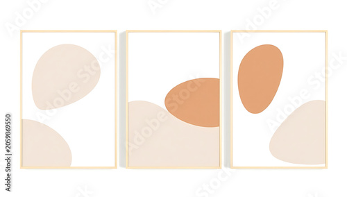 Abstract Art Composition: A minimalist triptych of framed art pieces, featuring organic abstract shapes in warm neutral tones, creating a soothing and contemporary aesthetic for interior decoration.