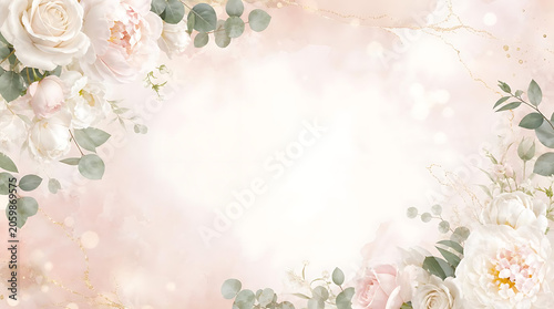 Elegant Floral Frame: A delicate arrangement of soft pink roses and eucalyptus leaves creates a dreamy border, evoking a sense of romance and serenity with a subtle watercolor effect.