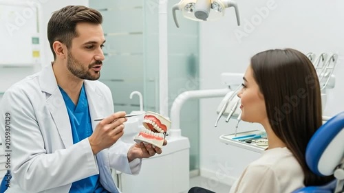 Dentist showing patient dental model.