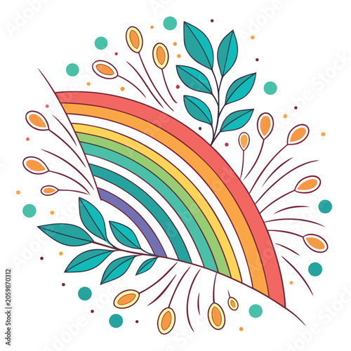 Colorful rainbow with leaves and dots