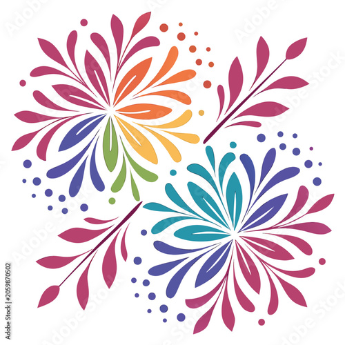 Vibrant floral design with rainbow colored flowers and leaves