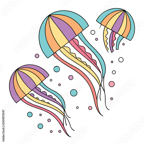 Colorful illustration of three jellyfish swimming in water with bubbles