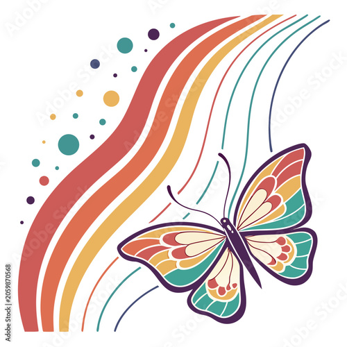Vibrant butterfly with colorful wings and rainbow waves