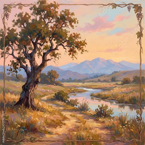 Serene Landscape Painting: Oak Tree, River, Mountains at Sunset