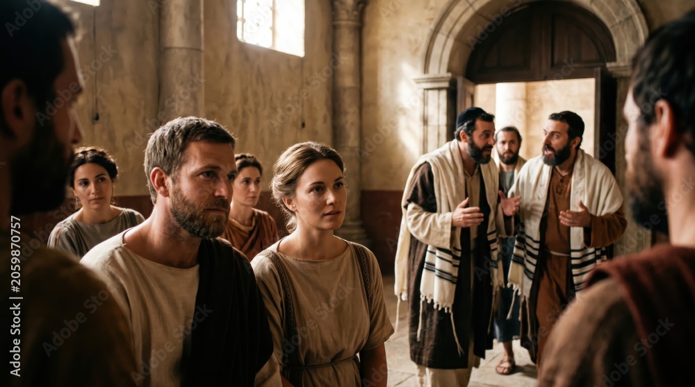 Obraz premium Biblical scene with apostle Paul preaching to crowd in Rome. Group of man and woman listening to religious teaching in ancient building. Historical reenactment of Acts 28 scripture.