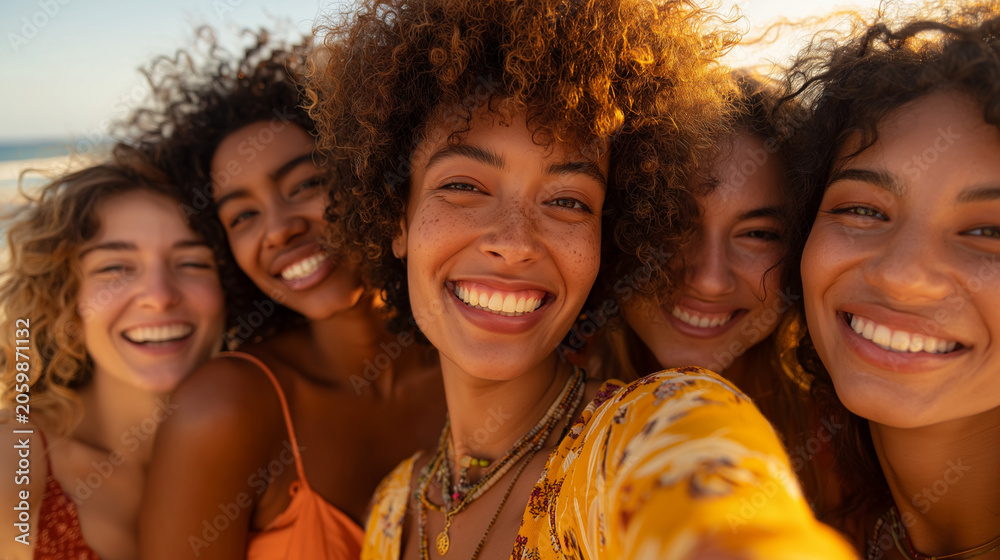 Obraz premium Friends celebrate National Smile Day with joyful smiles on their faces at sunset